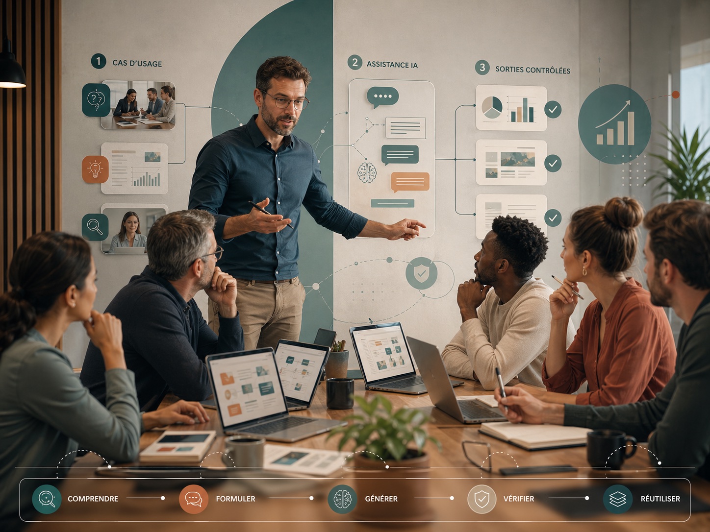 Formation EduIA montrant un cas d'usage, une assistance IA et des sorties controlees