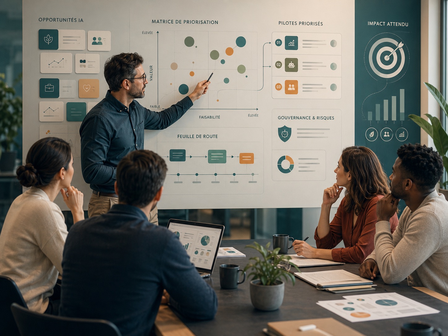 Atelier de strategie IA avec matrice de priorisation, pilotes et gouvernance